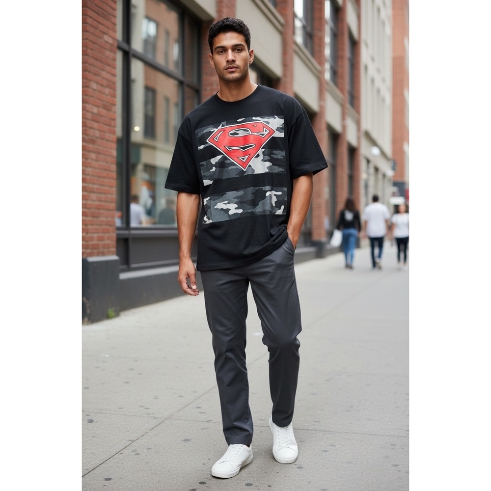 AKA x DC Comics Superman Mens Black Camo Stripe Graphic T-Shirt Large L